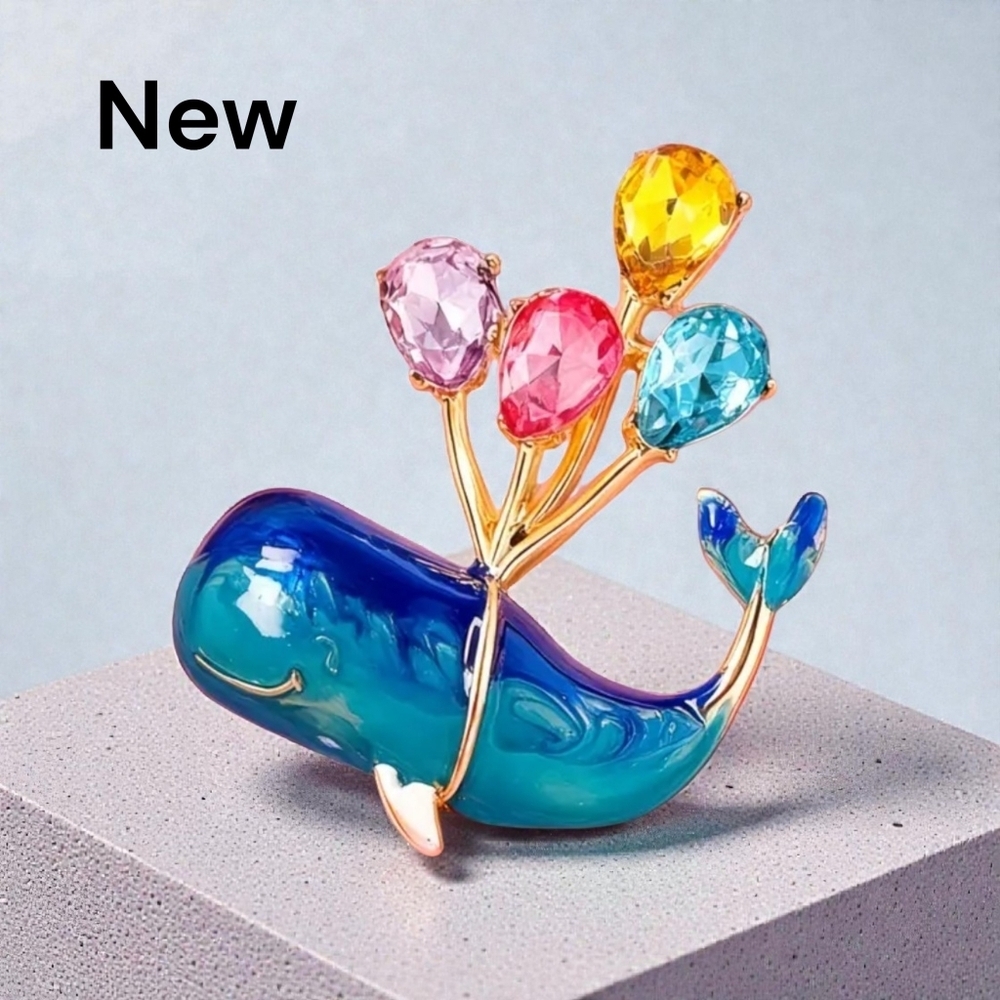 New!  Whale Brooch Pin – Vintage Look Colorful Enamel & Rhinestone Faux